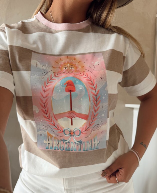 REMERA ARGENTINA RAYAS CUELLO ROSA