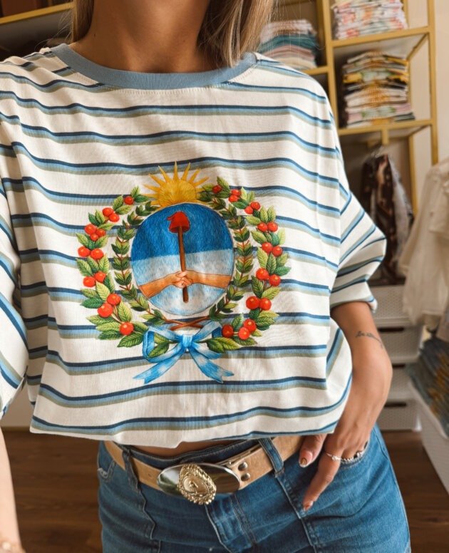 REMERA RAYADA CELESTE ESCUDO COLORES