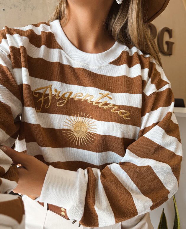 BUZO RAYADO ARGENTINA SOL MARRÓN Y BLANCO